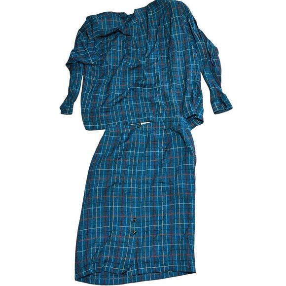 BEAUTIFUL UNIQUE RARE VINTAGE 2 piece 1990s Liz Claiborne Teal Plaid Tartan Long - Picture 4 of 8